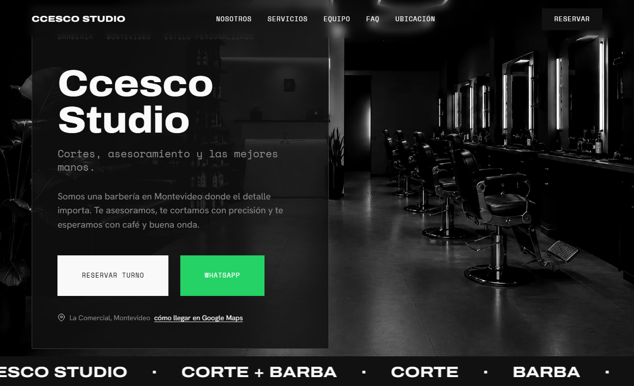 Screenshot del sitio web de Ccesco Studio, barbería moderna en Montevideo