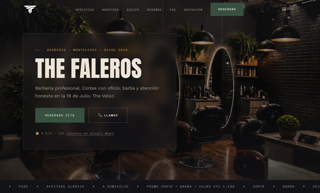 Screenshot del sitio web de The Faleros, barbería en Av. 18 de Julio, Montevideo